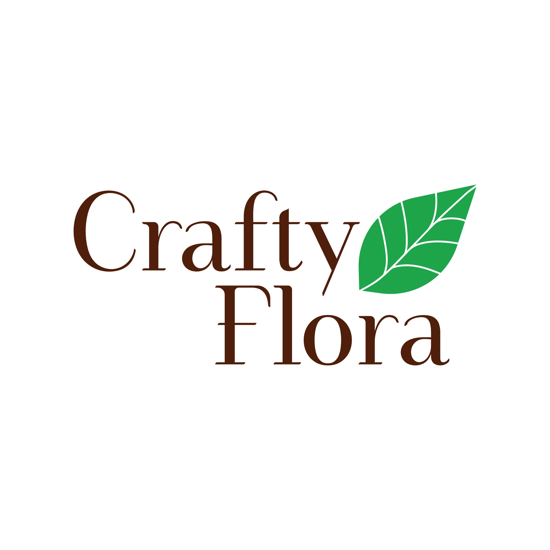 Crafty Flora logo with brown lettering and a green leaf